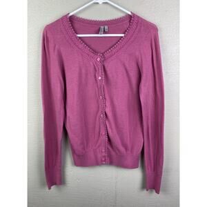 Caslan Women’s Pink Button Up Cardigan With Embroidered Trim Size Medium